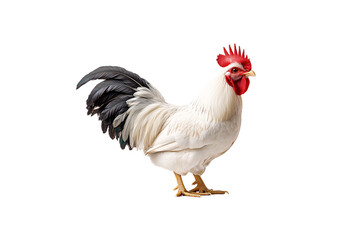 Fototapeta premium Graceful white rooster with striking black tail feathers and vivid red comb stands confidently sideways, isolated on a transparent background