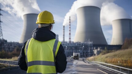 Nuclear power plant worker ensuring infrastructure standards and safety in the energy sector