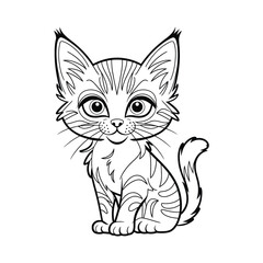 Cute Cartoon Cat with Big Eyes – Black and White Line Art of Kitten Sitting on White Background, Simple and Playful Style for Coloring Pages
