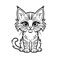 Adorable Kitten Line Art Vector – Black Outline Cartoon Cat Sitting on White Background for Coloring or Design
