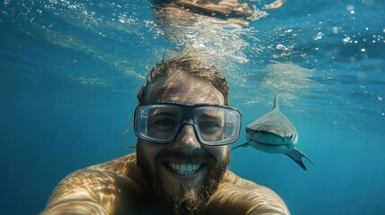 An adventurous selfie underwater, with a shark visible in the distance