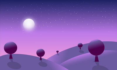 flat vector drawing, night sky moon light, shine, simple hills
