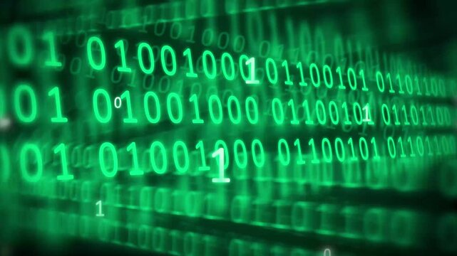 Animated stream of glowing green binary digits 0 and 1 cascading Horizontally across the screen. Depth and motion, hacker-themed videos, cyberpunk interfaces, or tech presentations.