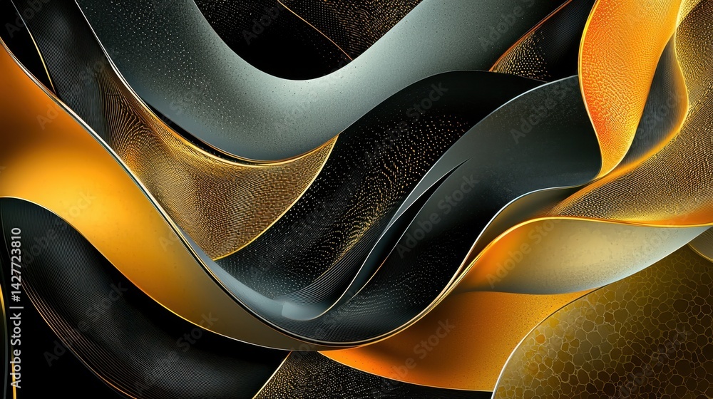 Poster smooth wave forms in dark tones accented with orange light, tech-inspired abstract texture