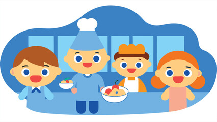 Cartoon Kids Chef, Food Server, Friends with Blue Window and Transparent Background