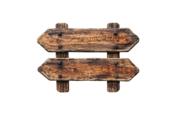 Two rustic wooden directional signs with nails, weathered texture, ideal for vintage or outdoor themes, isolated on a transparent background