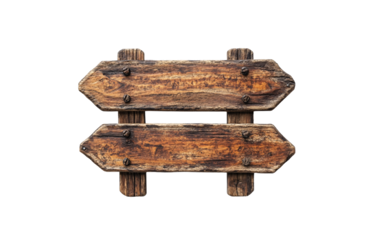 Two rustic wooden directional signs with nails, weathered texture, ideal for vintage or outdoor themes, isolated on a transparent background
