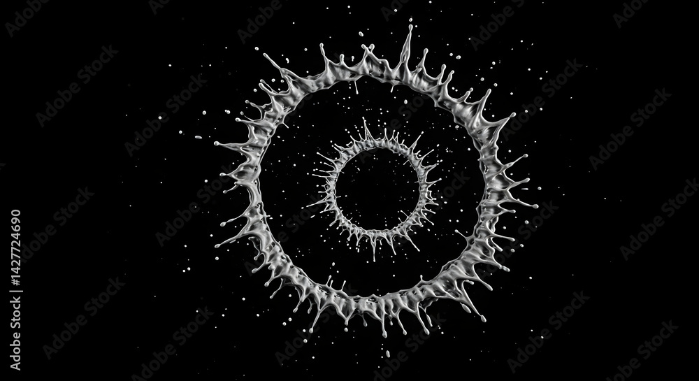 Poster dynamic water droplets creating circular motion and fluid sculpture