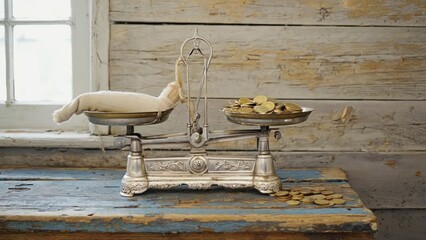 Antique balance scale with coins and cloth