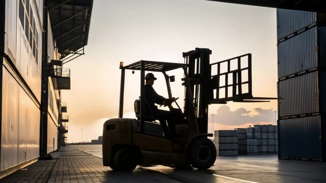 Forklift operating in warehouse at sunrise: efficient logistics and material handling.