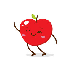 Cute Smiling Red Apple Character Waving – Kawaii Red Fruit Mascot Vector