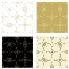 Collection of elegant seamless patterns in gold and black tones. Abstract floral vector ornament