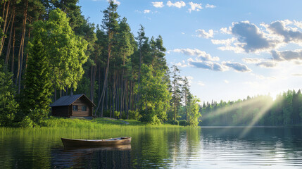 tranquil lakeside scene featuring wooden cabin surrounded by lush trees, with small boat floating on calm water, evoking peace and serenity