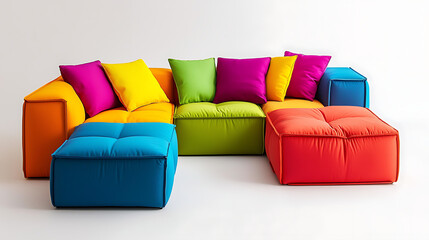 A colorful couch with pillows in various colors
