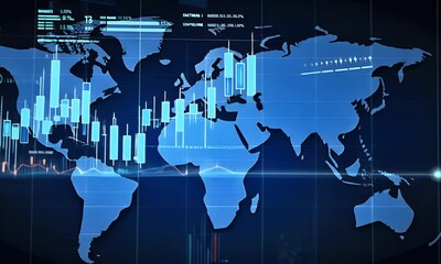 Digital map of the world with stock candlestick charts on it, in a blue color scheme. The background is dark and has a black gradient. It's an animated video background for a financial news show or bu - Powered by Adobe