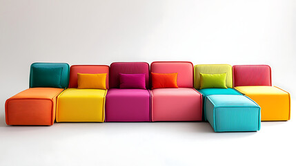 A colorful couch with pillows in various colors