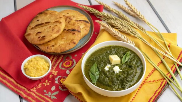 Traditional indian meal with saag paneer, roti, and dal on colorful tablecloth. Harvest festival
