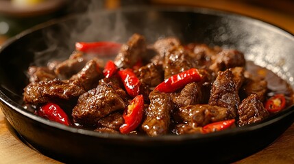 Delicious spicy beef stir fry with red chili peppers in pan hot wok eat food meat dish dark meal