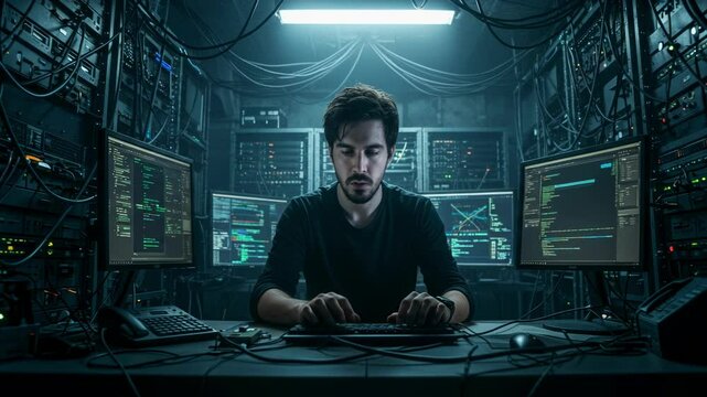 A dedicated hacker focuses intently on his work in an underground server room. Surrounded by rows of servers and tangled cables, he utilizes multiple computer screens displaying complex data and