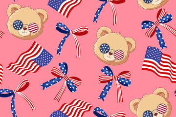 Cute bear with the US flag bow seamless pattern for 4th of July celebration 