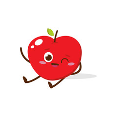 Cute Smiling Red Apple Character Waving – Kawaii Red Fruit Mascot Vector
