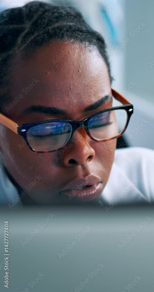 Poster Tired, black woman and programmer with eye strain for overworked, pressure or project deadline. Female person, developer or coding with poor vision for problem solving, algorithm or stress at office
