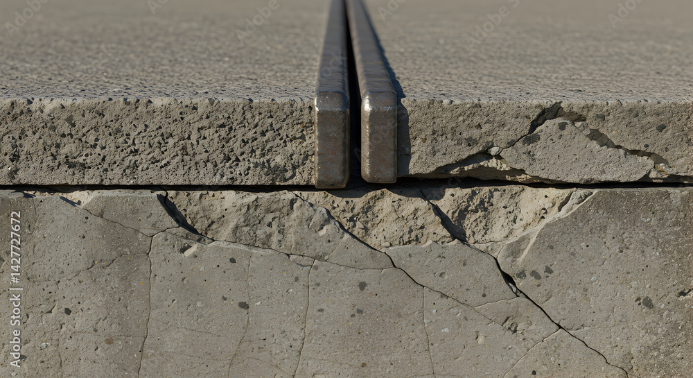 Poster deteriorating concrete slab structure with steel joint providing an architectural element