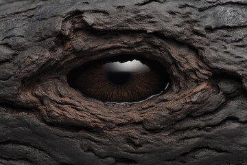 Eye within a weathered, dark wood trunk
