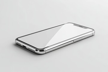A shiny smartphone laying down on a plain light gray surface