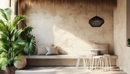 Sunny Tropical Minimalist Interior with Concrete Bench and Green Plants