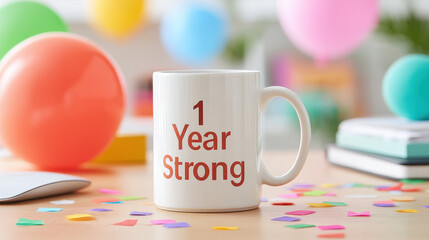 cheerful mug celebrating happy anniversary with phrase 1 Year Strong surrounded by colorful balloons and confetti, perfect for work celebrations