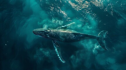 Fototapeta premium Breathtaking scene of a humpback whale mother and calf gliding through the deep blue ocean water shimmering around their massive bodies