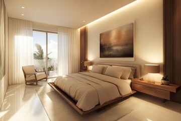 modern living room, Japandi minimalist bedroom with elegant floating bed on tatami mats, hanging artwork above, soft natural light from large windows,