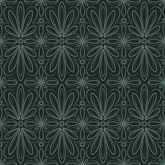 Openwork seamless vector pattern on dark green background, monochrome elegant lace ornament