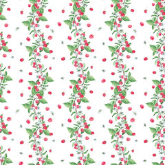 Seamless pattern with curved branches of raspberries on a white background. Watercolor illustration of berries for packaging design, printing on fabric, wallpaper, posters.