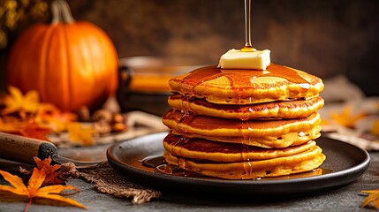 Delicious autumn pumpkin pancakes stack with maple syrup and butter food fall warm cozy meal sweet