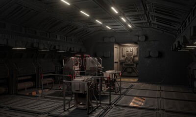 Simulation science research and computing laboratory in dark scene 3d rendering wallpaper background