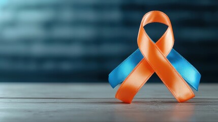 A vibrant orange and blue awareness ribbon displayed on a rustic wooden surface.