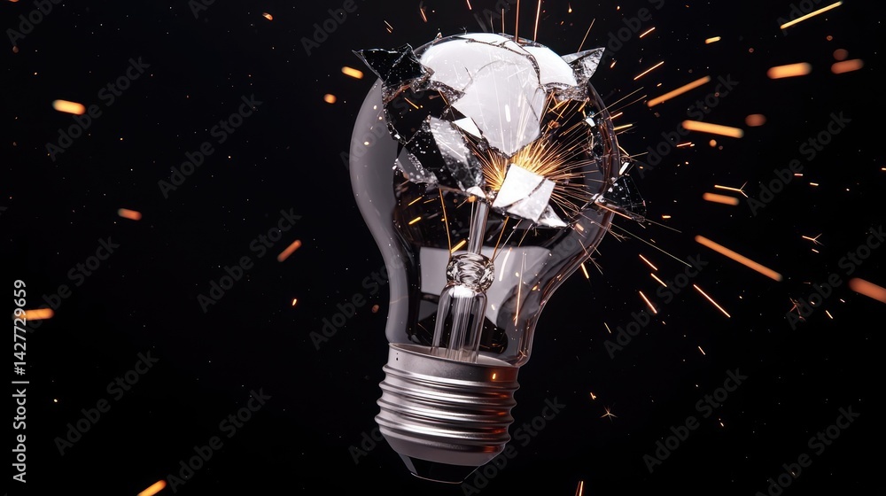 Poster Explosion of lightbulb in electric high-speed burst concept. An exploding light bulb, symbolizing innovation and creativity.