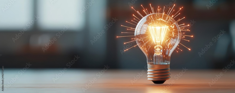 Poster explosion of lightbulb in electric high-speed burst concept. a glowing light bulb illuminating a roo