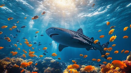 Obraz premium Breathtaking view of a whale shark swimming peacefully with a school of colorful fish sunlight piercing the deep blue ocean