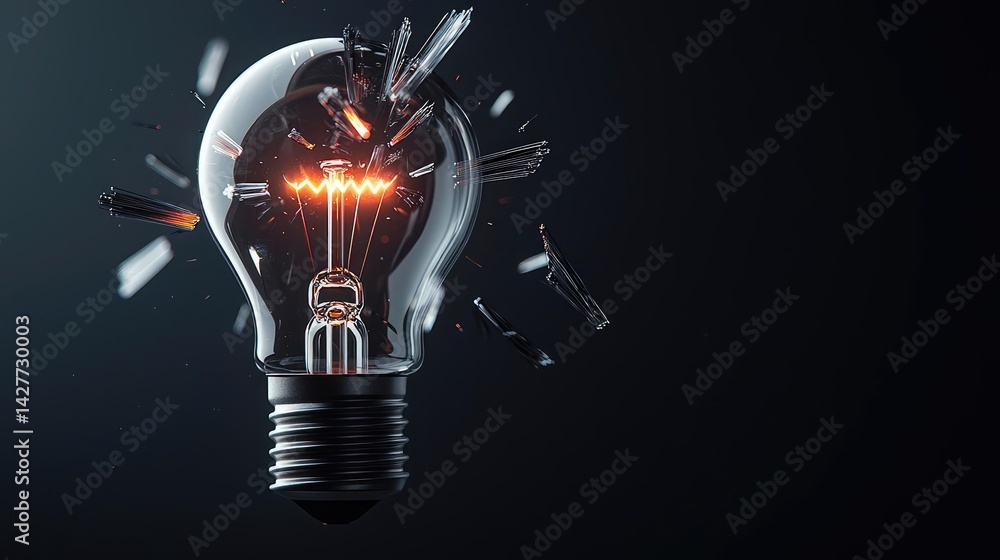 Aufkleber Explosion of lightbulb showing filament and invention concept. A shattered light bulb with a glowing filament amidst darkness.