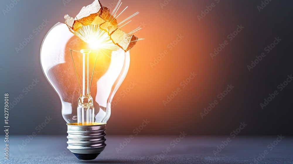 Poster explosion of lightbulb showing filament and invention concept. a shattered light bulb emits glowing 
