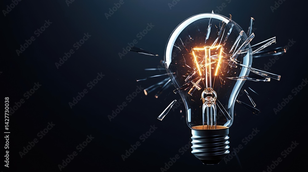 Poster explosion of lightbulb showing filament and invention concept. a glowing light bulb radiating sparks