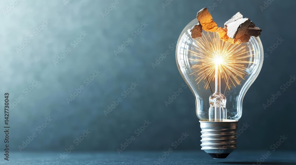 Aufkleber Explosion of lightbulb showing filament and invention concept. A broken light bulb illuminating a creative idea concept.