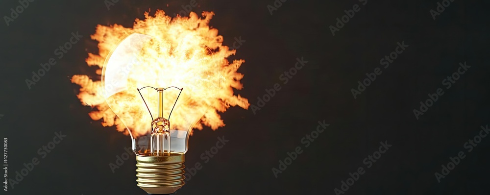 Aufkleber Explosion of lightbulb showing filament and invention concept. A light bulb exploding with vibrant flames and intense energy.