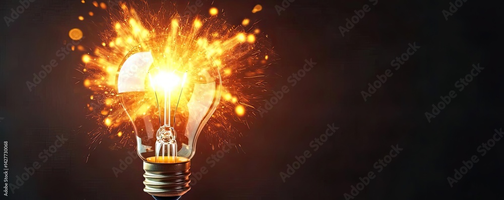 Poster explosion of lightbulb showing filament and invention concept. glowing light bulb emitting sparks in