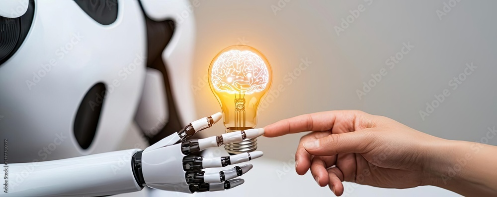 Poster hands of robot and human touching in ai future collaboration concept. a robot and a human hand share