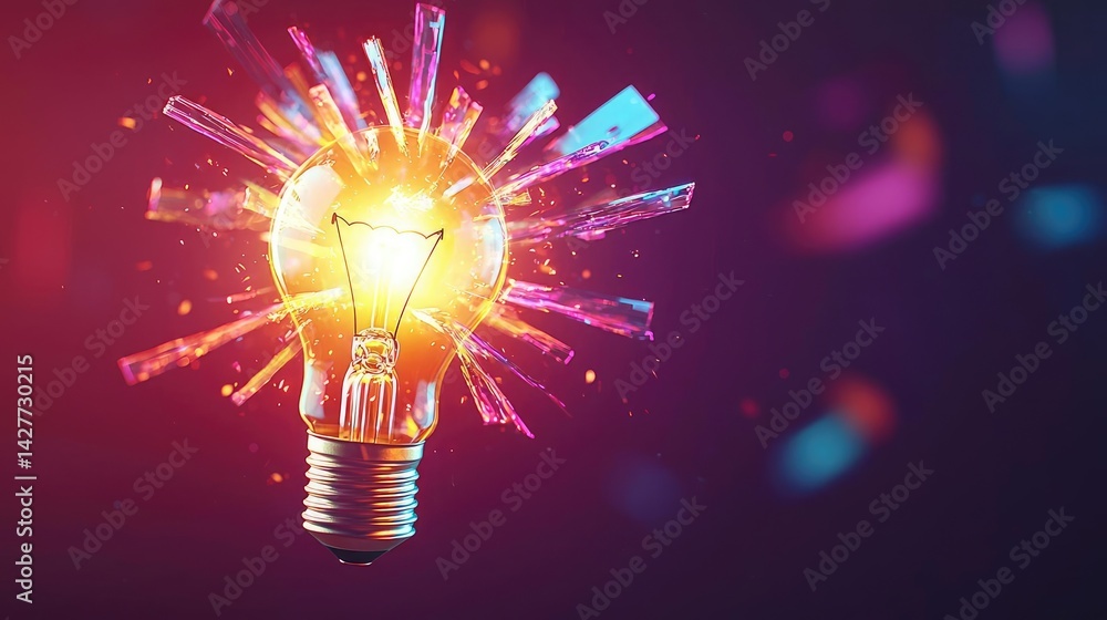 Poster explosion of lightbulb with creative invention impact concept. a vibrant light bulb exploding with c