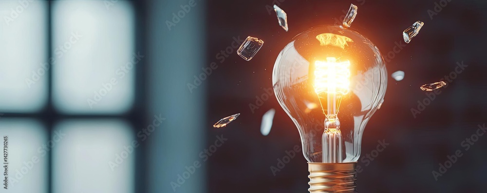 Aufkleber Explosion of lightbulb showing filament and invention concept. A close-up view of a light bulb illuminating a dark room.